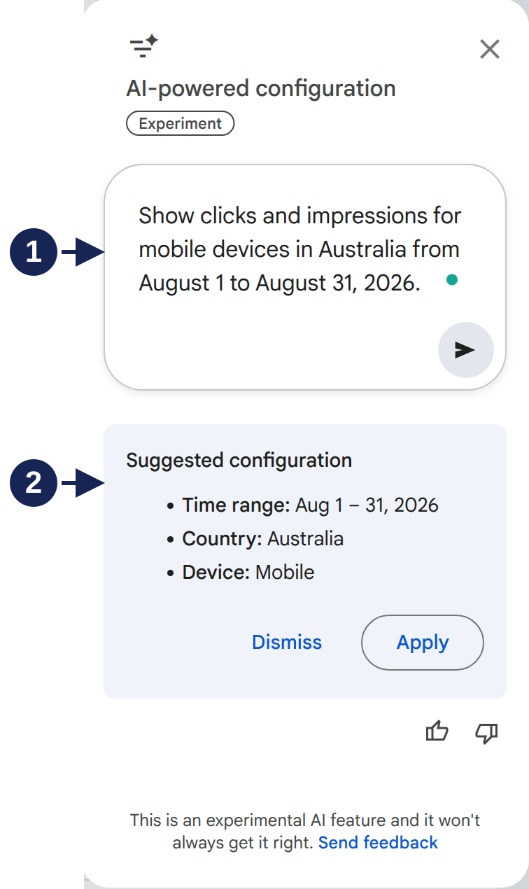 AI configuration panel: marker 1 points to the prompt; marker 2 points to suggested filters.