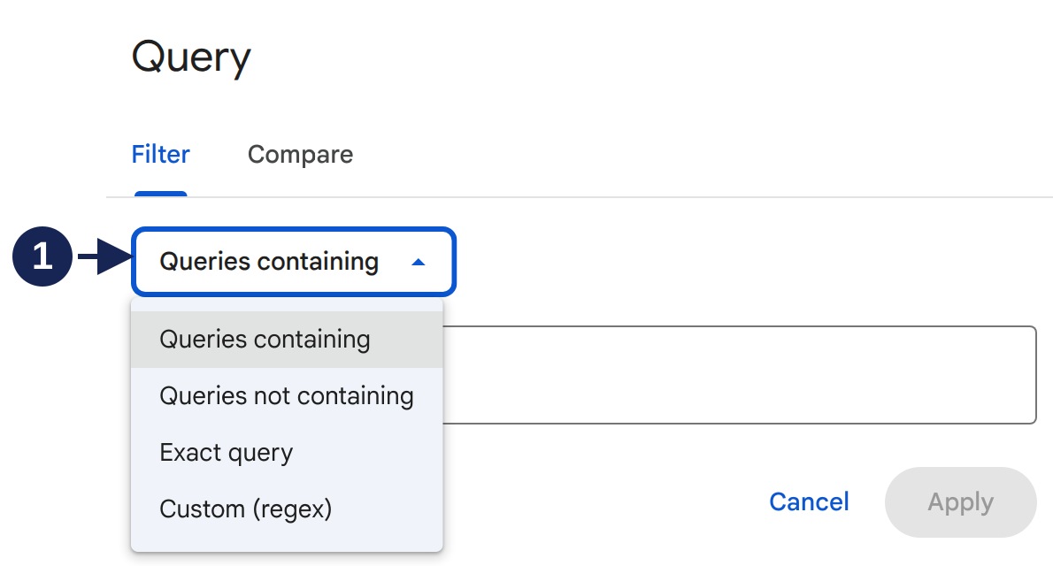 Query matching menu with containing, not containing, exact query, and regex choices.